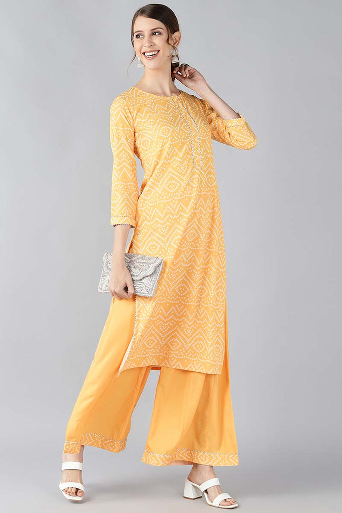 Crepe Yellow Bandhani Printed Straight Kurta Palazzo Set 