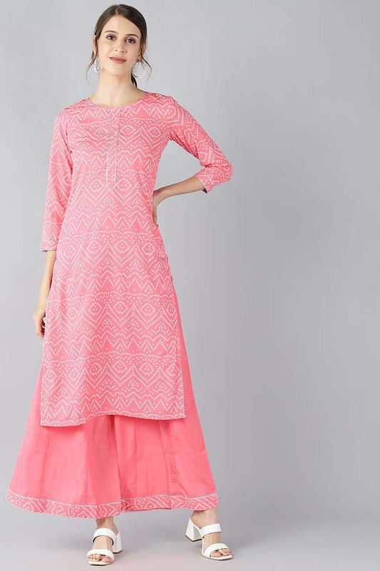 Crepe Pink Geometric Printed Straight Kurta Palazzo Set