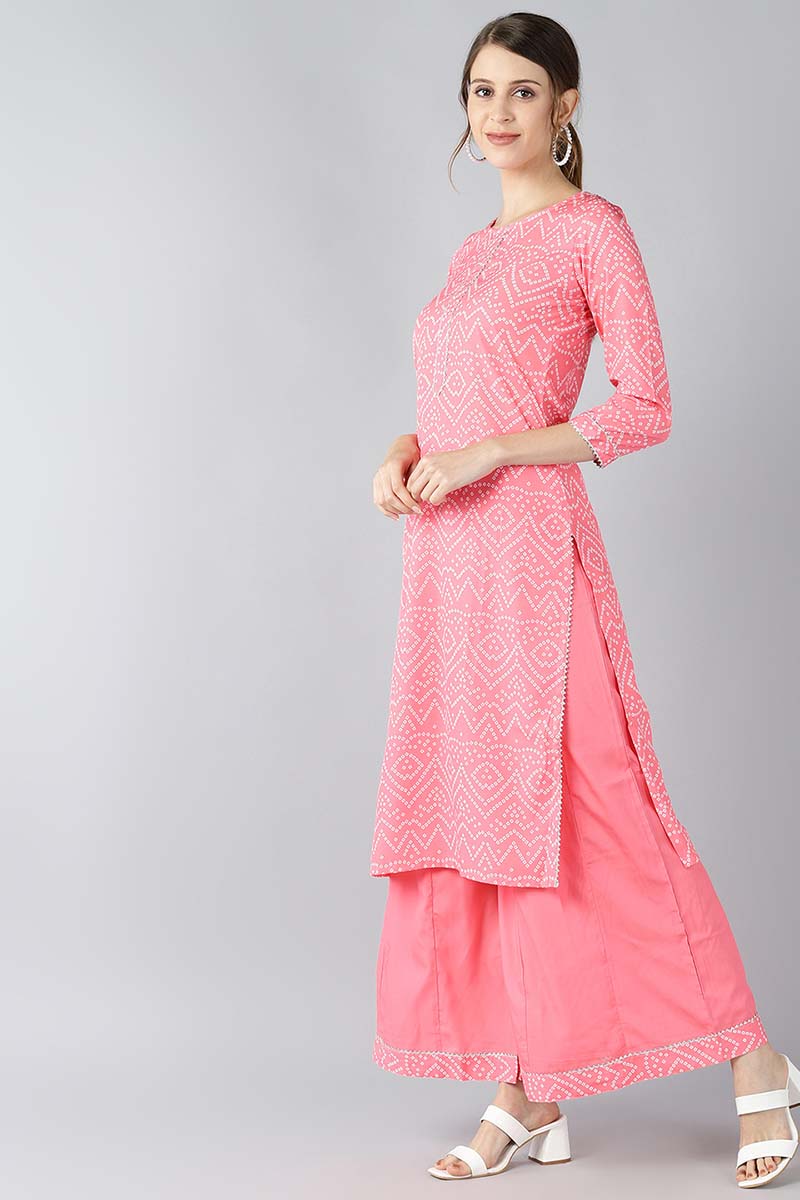 Crepe Pink Geometric Printed Straight Kurta Palazzo Set