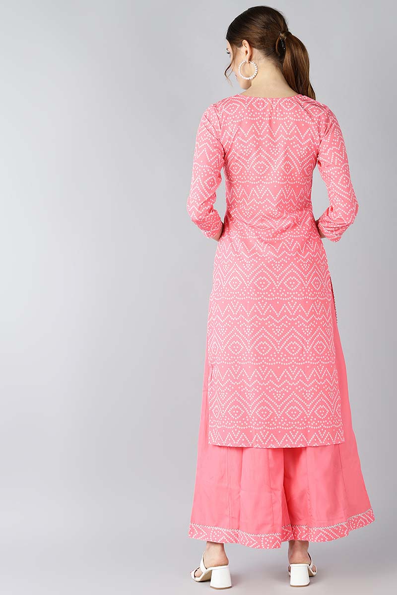 Crepe Pink Geometric Printed Straight Kurta Palazzo Set