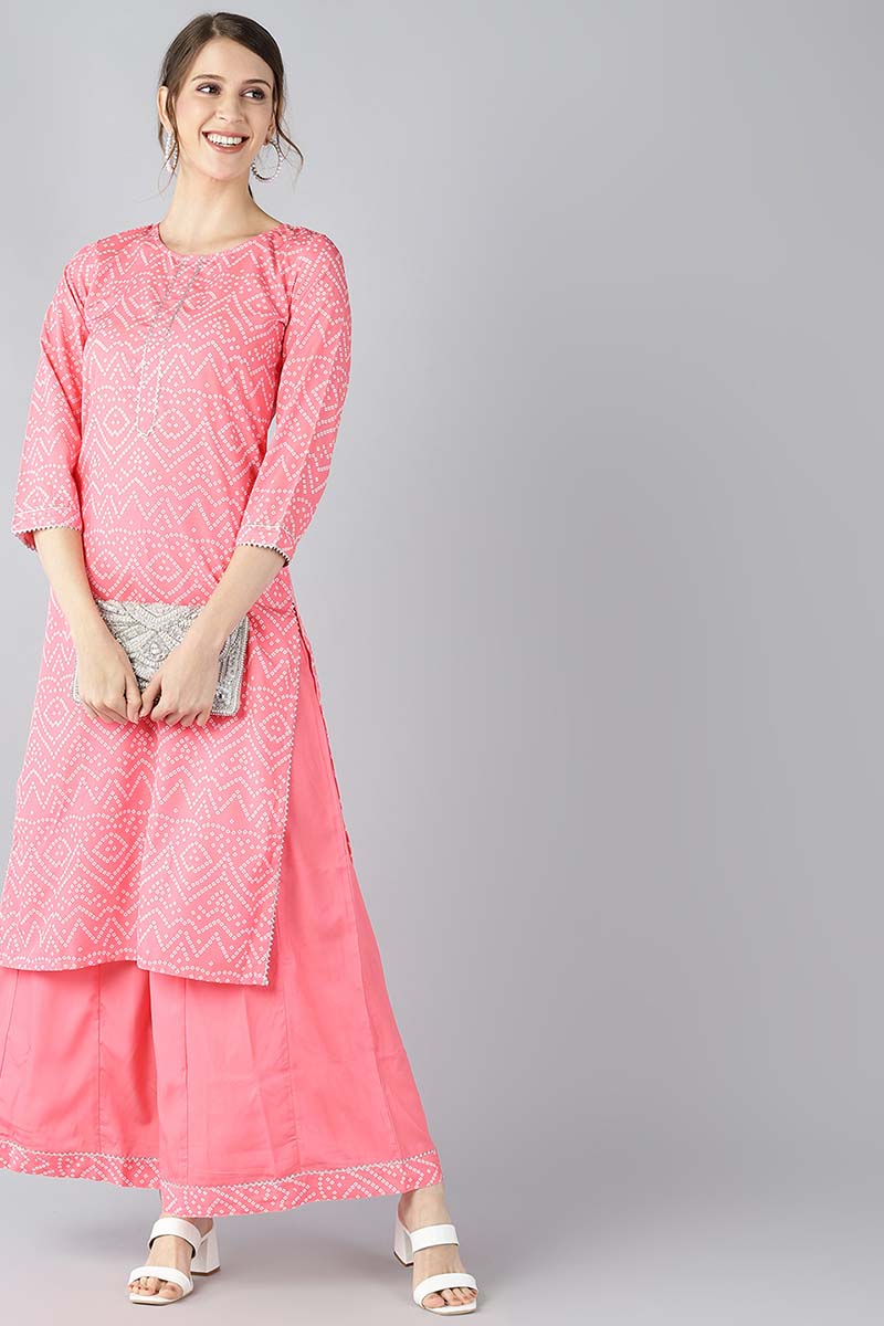 Crepe Pink Geometric Printed Straight Kurta Palazzo Set