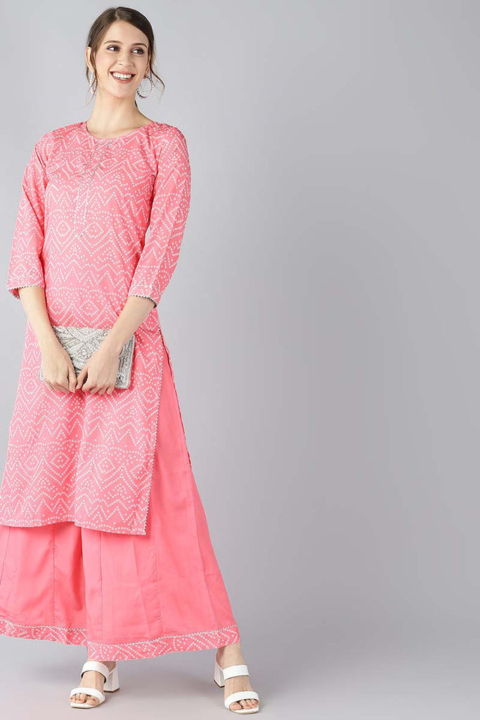 Crepe Pink Geometric Printed Straight Kurta Palazzo Set