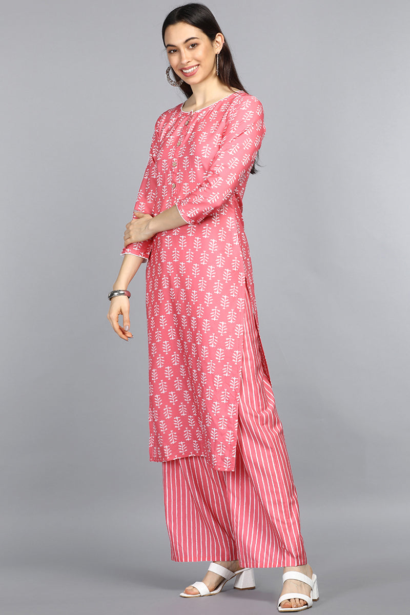 Pink Polyester Straight Kurta With Palazzo Set PKSET1066