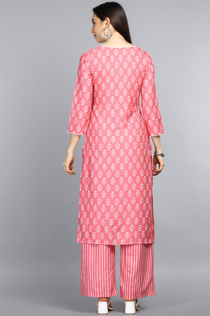 Pink Polyester Straight Kurta With Palazzo Set PKSET1066