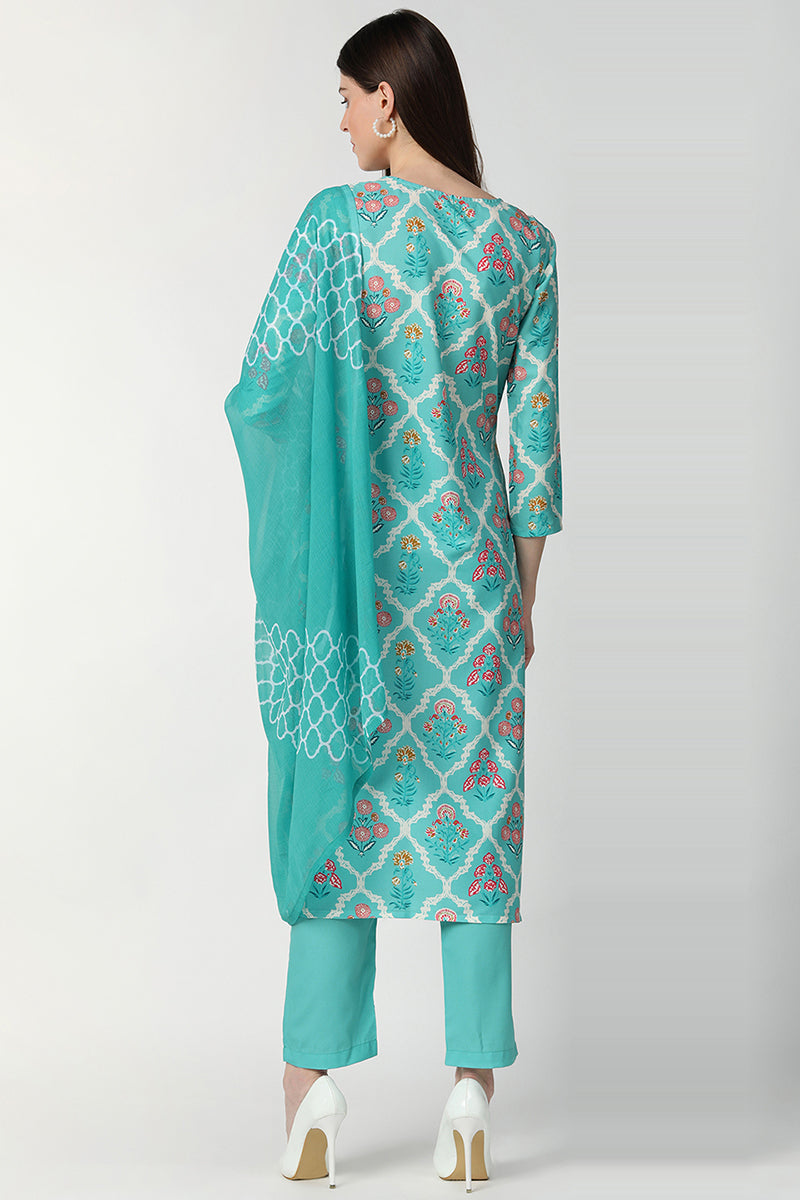   Poly Crepe Turquoise Blue Motifs Printed Straight Kurta