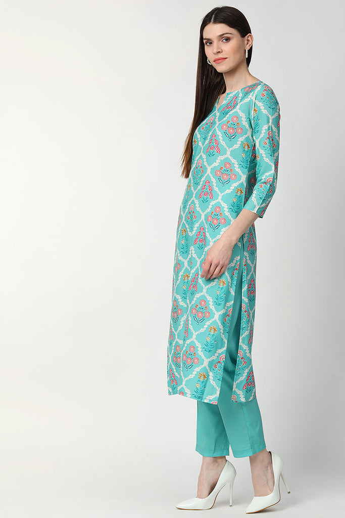   Poly Crepe Turquoise Blue Motifs Printed Straight Kurta