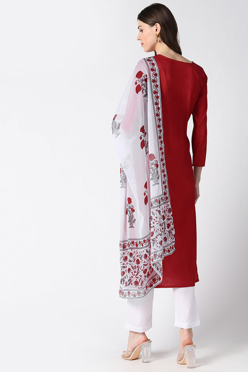   Poly Crepe Maroon Solid Printed Straight Kurta Pant Dupatta Set 