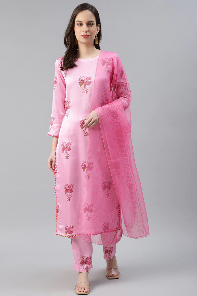   Poly Crepe Pink Ethnic Motifs Printed Straight Kurta Palazzo Dupatta Set 