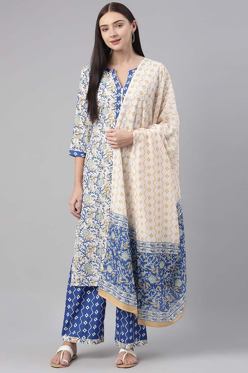  Women Crepe White Abstract Printed Straight Kurta Pant Dupatta Set 