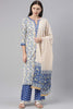  Women Crepe White Abstract Printed Straight Kurta Pant Dupatta Set 