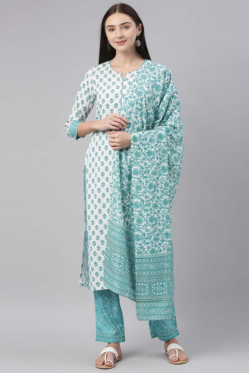  Women Crepe White Floral Printed Straight Kurta Pant Dupatta Set 