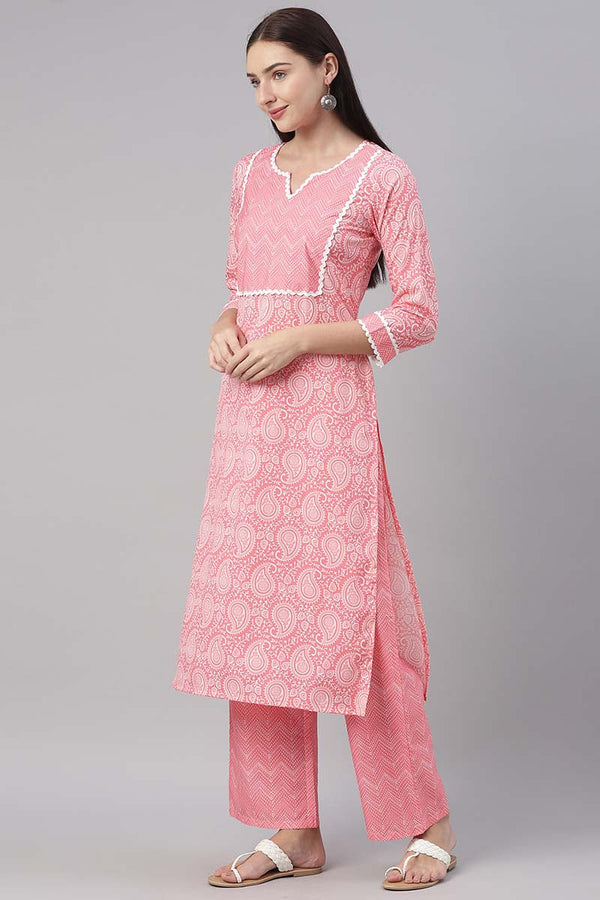  Women Crepe Pink Paisley Printed Straight Kurta Pant Dupatta Set 