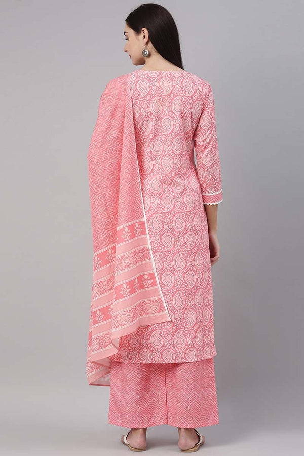  Women Crepe Pink Paisley Printed Straight Kurta Pant Dupatta Set 