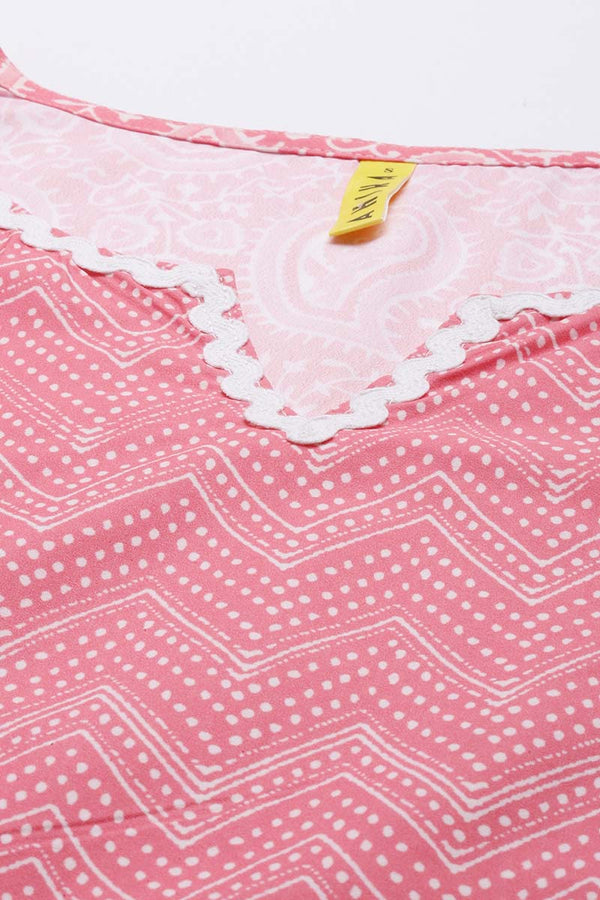  Women Crepe Pink Paisley Printed Straight Kurta Pant Dupatta Set 
