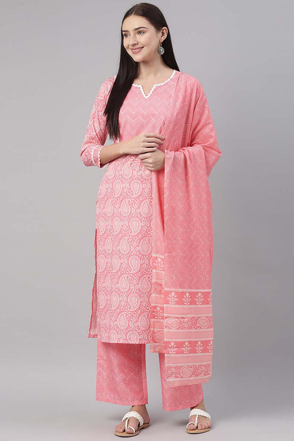  Women Crepe Pink Paisley Printed Straight Kurta Pant Dupatta Set 