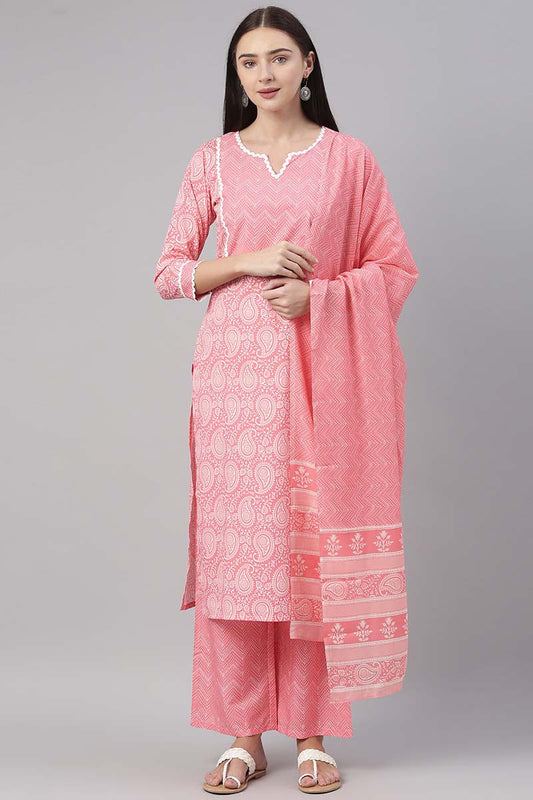  Women Crepe Pink Paisley Printed Straight Kurta Pant Dupatta Set 