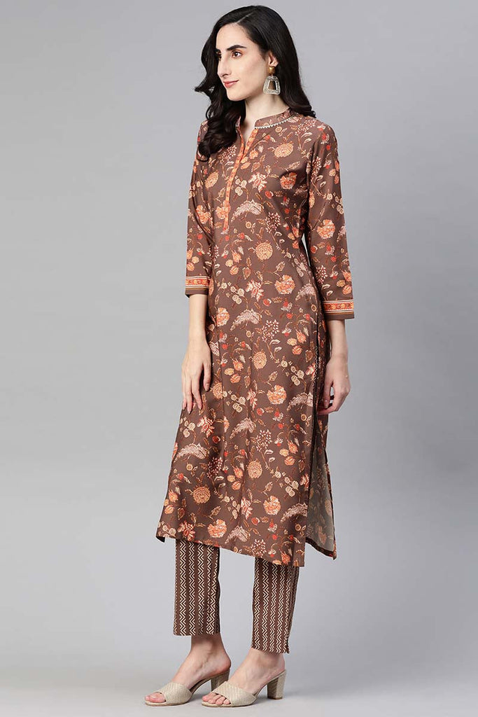  Women Crepe Brown Ethnic Motifs Printed Straight Kurta Trousers And Dupatta Set