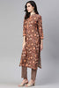  Women Crepe Brown Ethnic Motifs Printed Straight Kurta Trousers And Dupatta Set