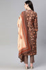  Women Crepe Brown Ethnic Motifs Printed Straight Kurta Trousers And Dupatta Set