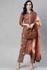  Women Crepe Brown Ethnic Motifs Printed Straight Kurta Trousers And Dupatta Set