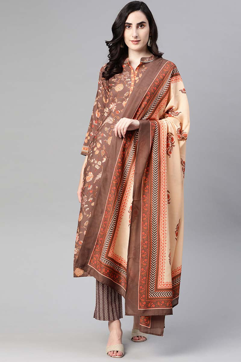  Women Crepe Brown Ethnic Motifs Printed Straight Kurta Trousers And Dupatta Set