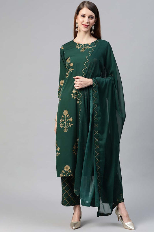  Women Crepe Green Ethnic Motifs Printed Straight Kurta Palazzo Dupatta Set 