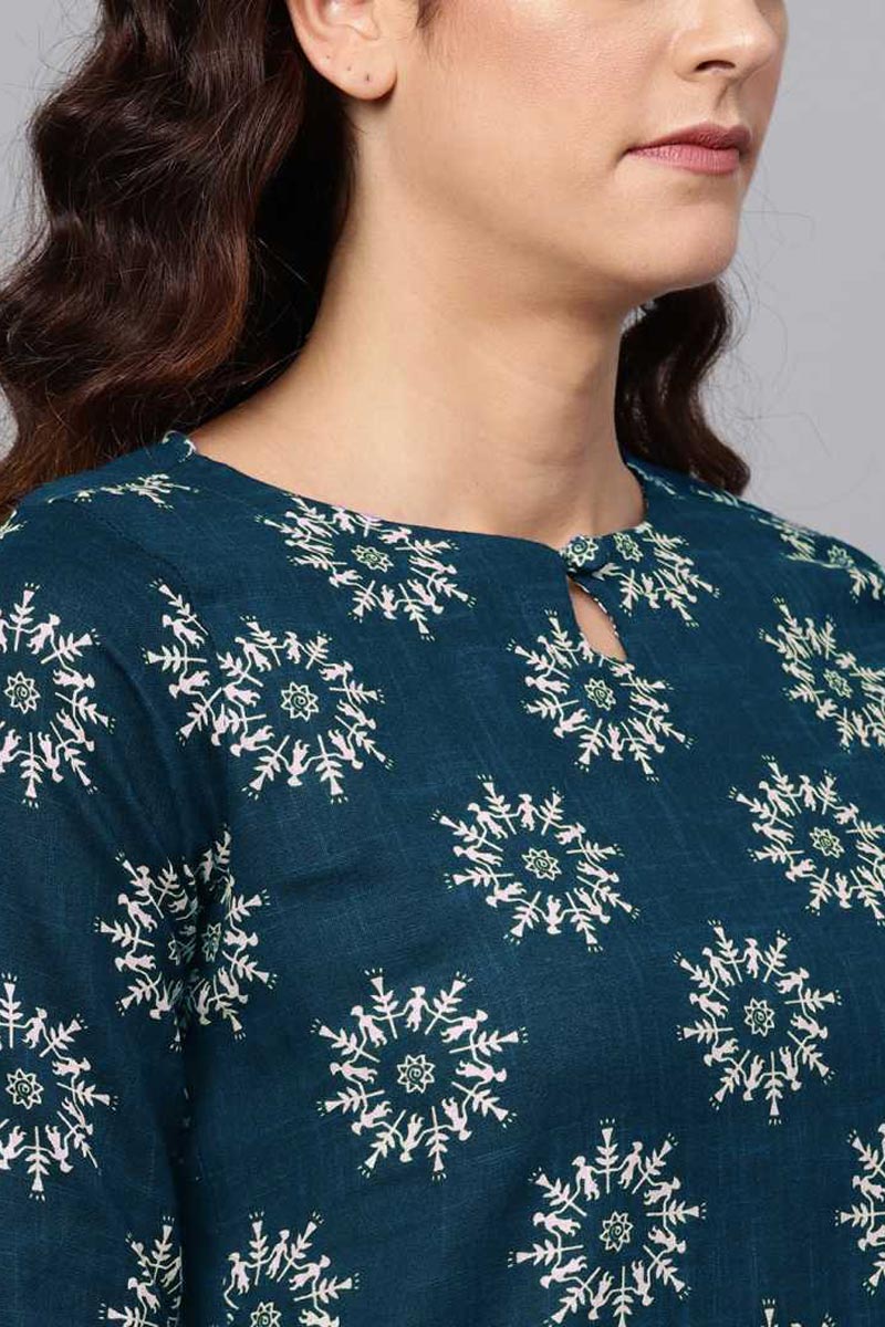   Printed Navy Blue Cotton Fabric Kurti 