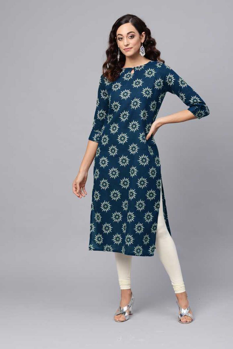   Printed Navy Blue Cotton Fabric Kurti 