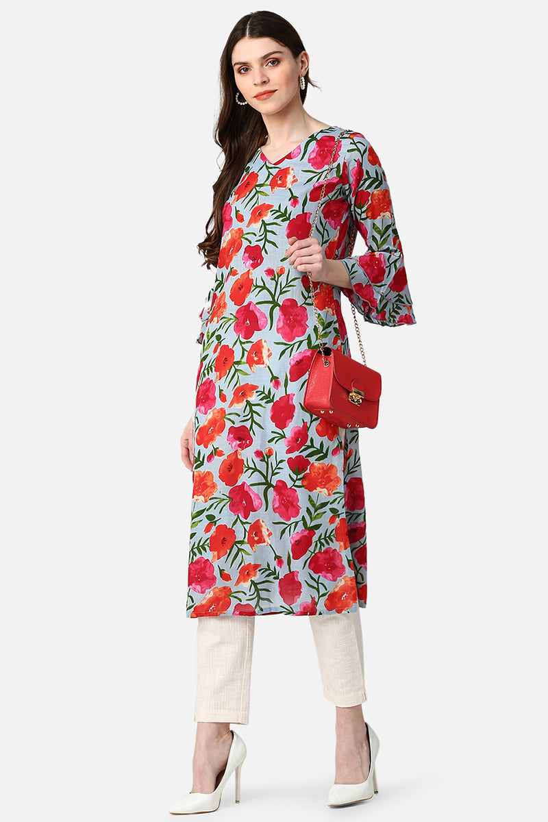   Grey And Pink Printed Straight Kurta 