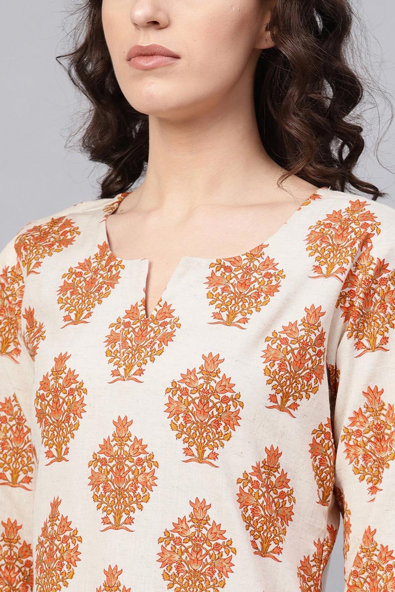   Beige Color Cotton Fabric Printed Fancy Kurti 