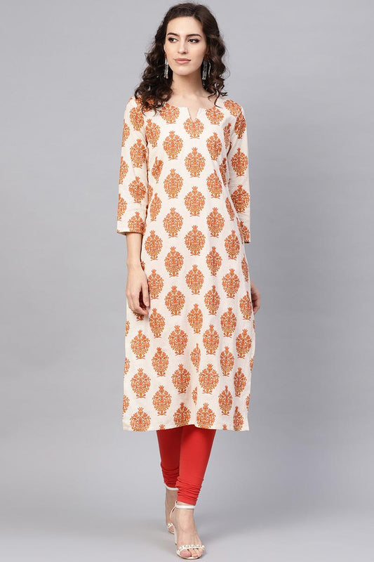   Beige Color Cotton Fabric Printed Fancy Kurti 