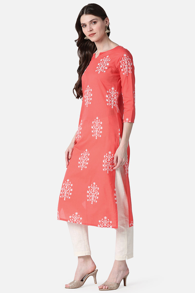   Festive Wear Cotton Fabric Peach Color Printed Kurti 