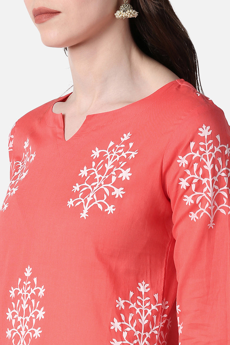   Festive Wear Cotton Fabric Peach Color Printed Kurti 