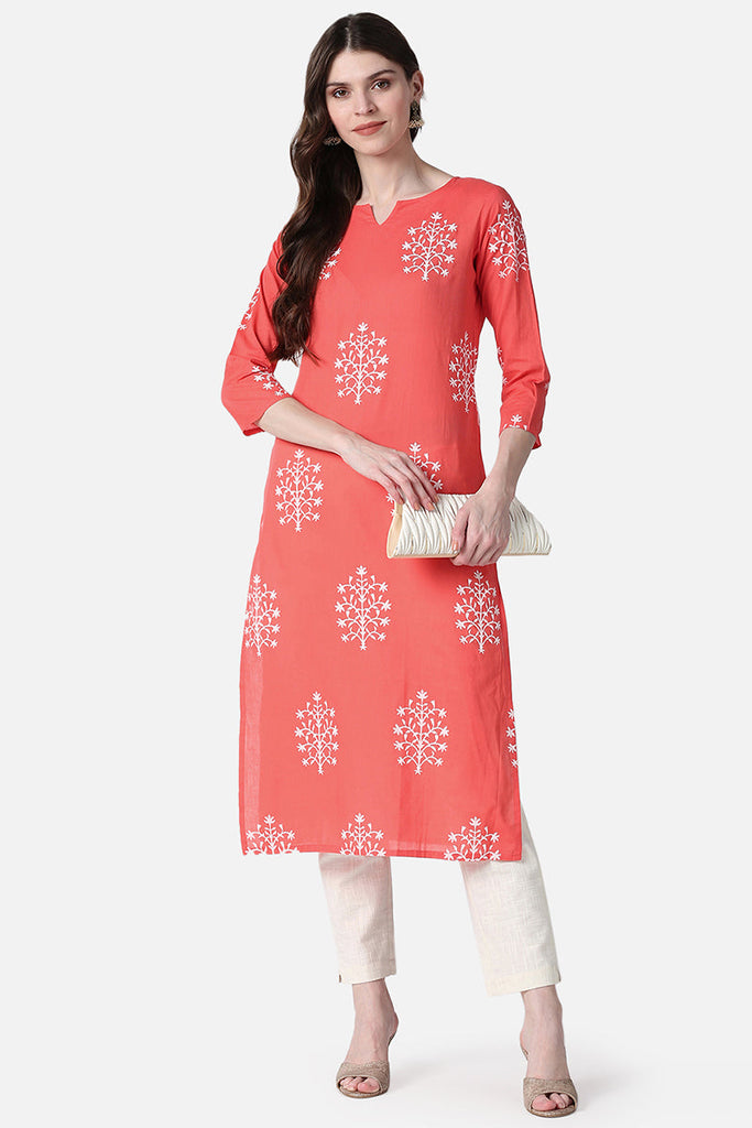   Festive Wear Cotton Fabric Peach Color Printed Kurti 