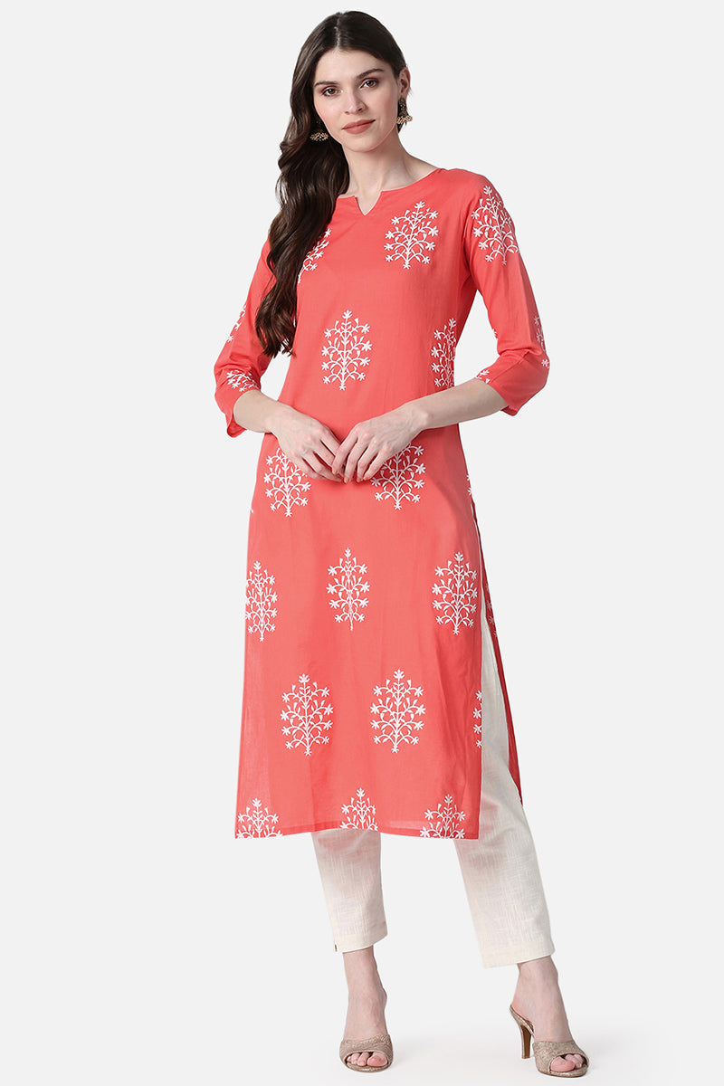   Festive Wear Cotton Fabric Peach Color Printed Kurti 