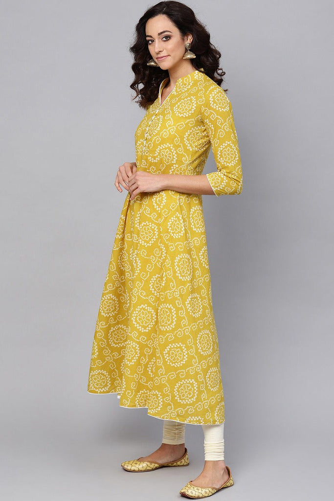   Festive Wear Cotton Fabric Yellow Color Printed Trendy Kurti 