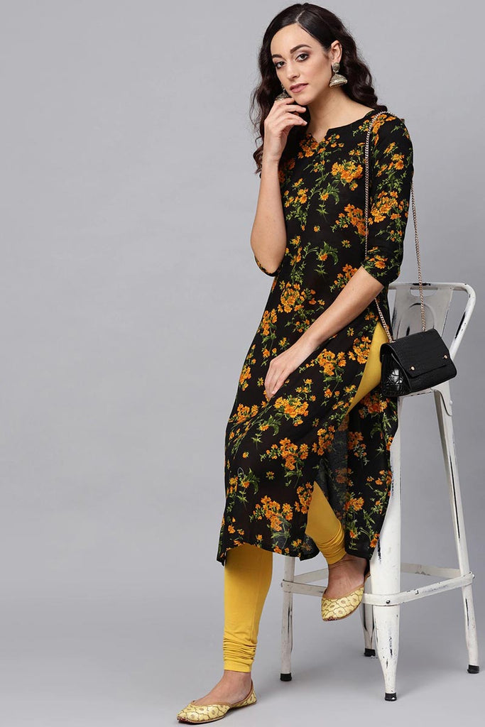   Regular Wear Cotton Fabric Printed Black Color Simple Kurti 