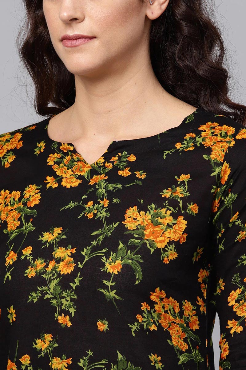   Regular Wear Cotton Fabric Printed Black Color Simple Kurti 