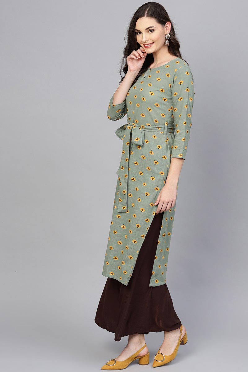   Festive Wear Cotton Fabric Khaki Color Printed Trendy Kurti 