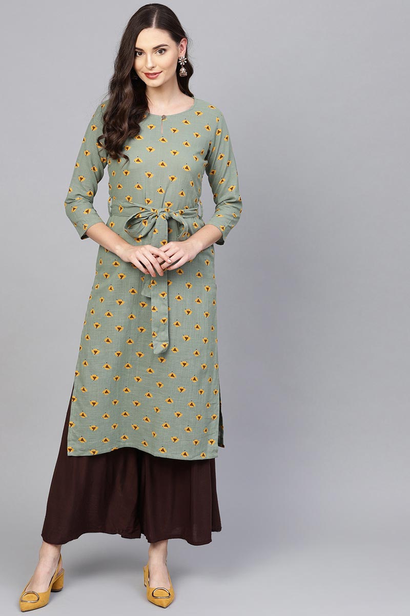   Festive Wear Cotton Fabric Khaki Color Printed Trendy Kurti 