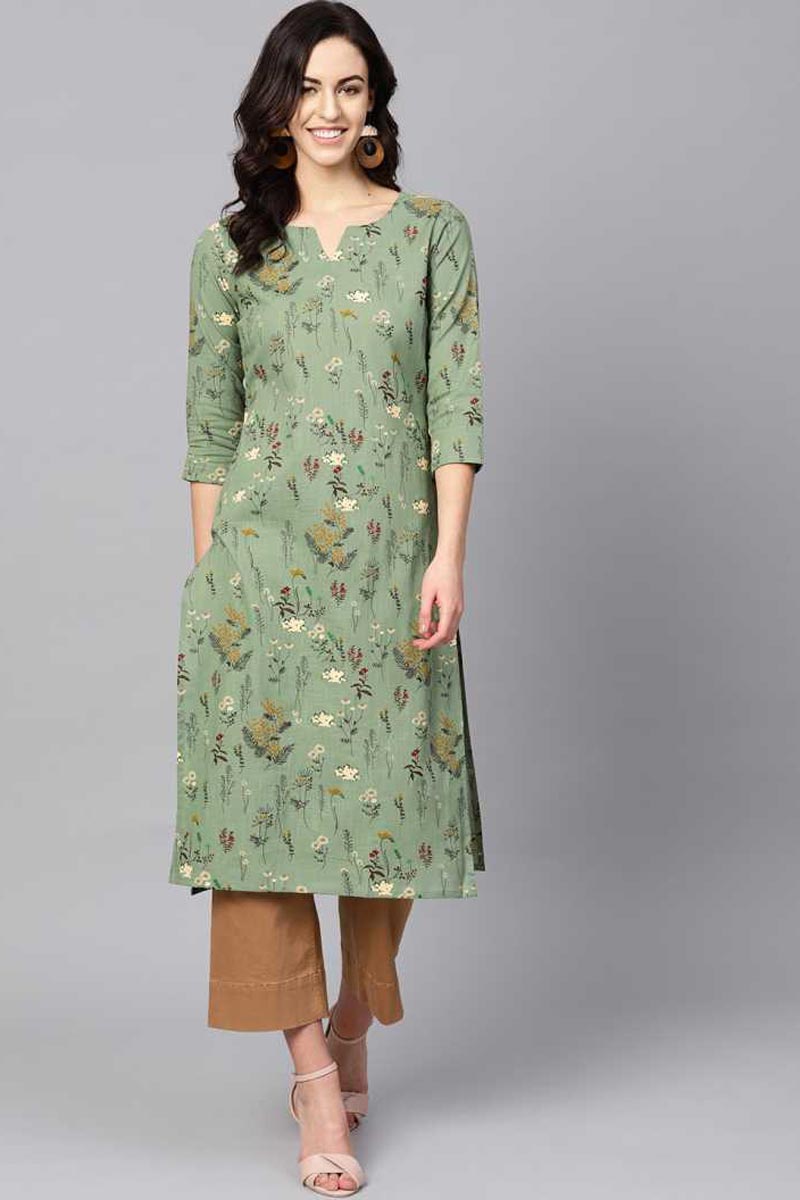   Occasion Wear Cotton Fabric Stylish Sea Green Color Kurti 