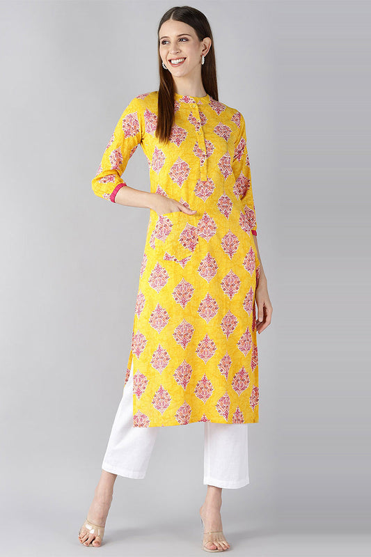   Cotton Fabric Trendy Festive Wear Yellow Color Printed Kurti 