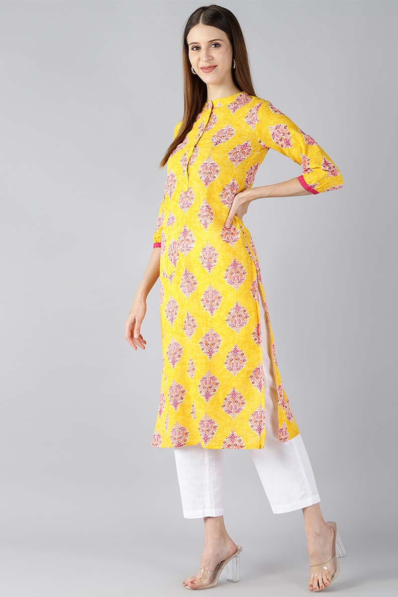   Cotton Fabric Trendy Festive Wear Yellow Color Printed Kurti 