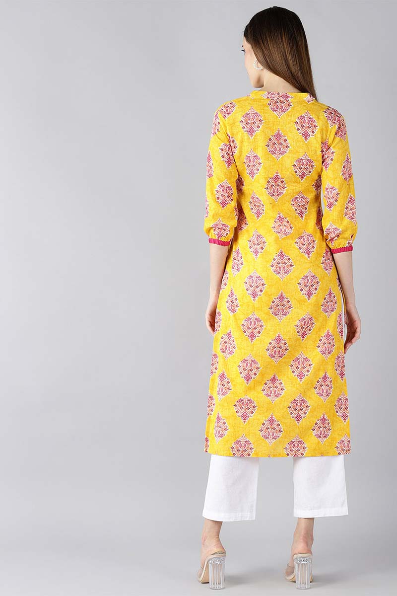   Cotton Fabric Trendy Festive Wear Yellow Color Printed Kurti 