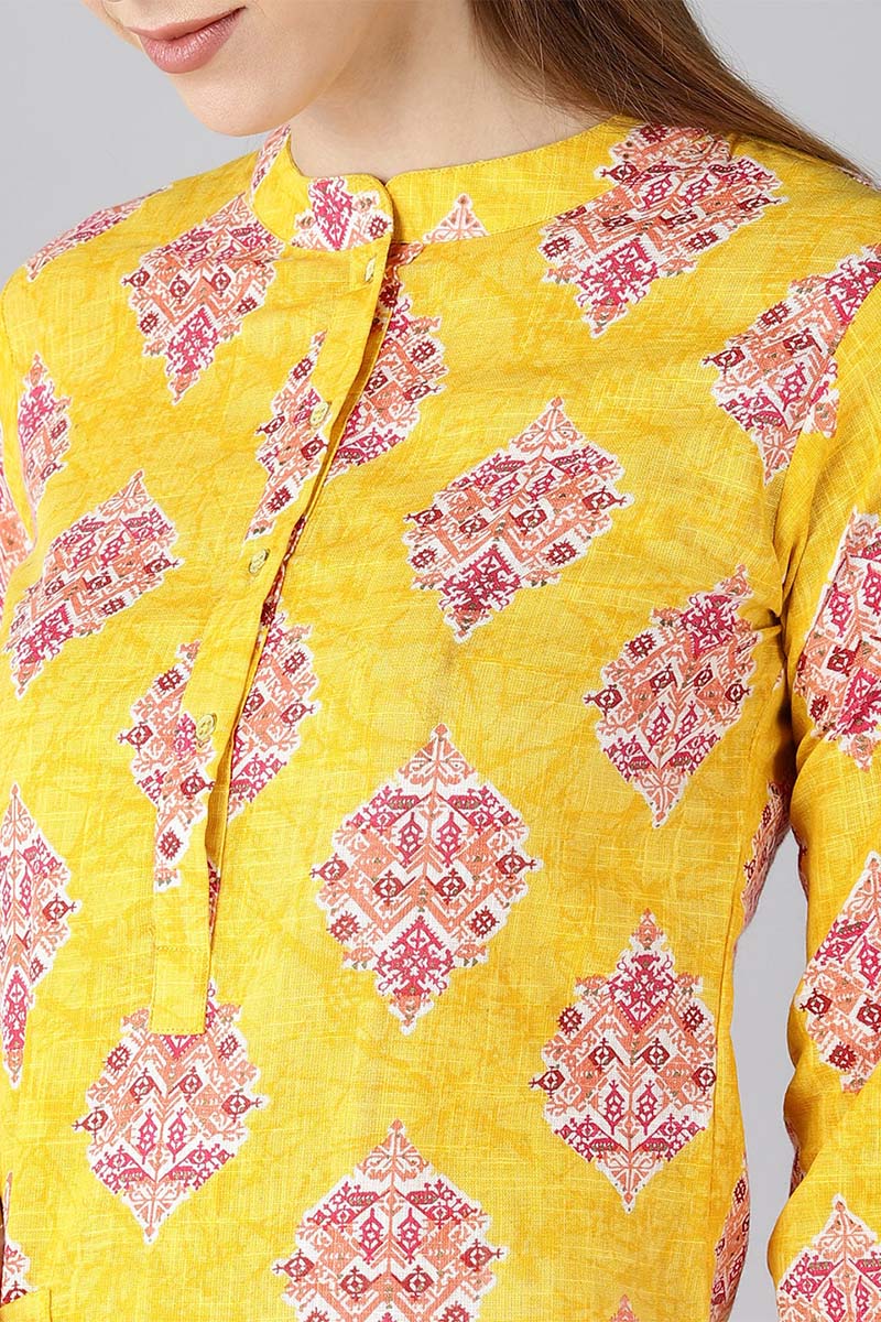   Cotton Fabric Trendy Festive Wear Yellow Color Printed Kurti 