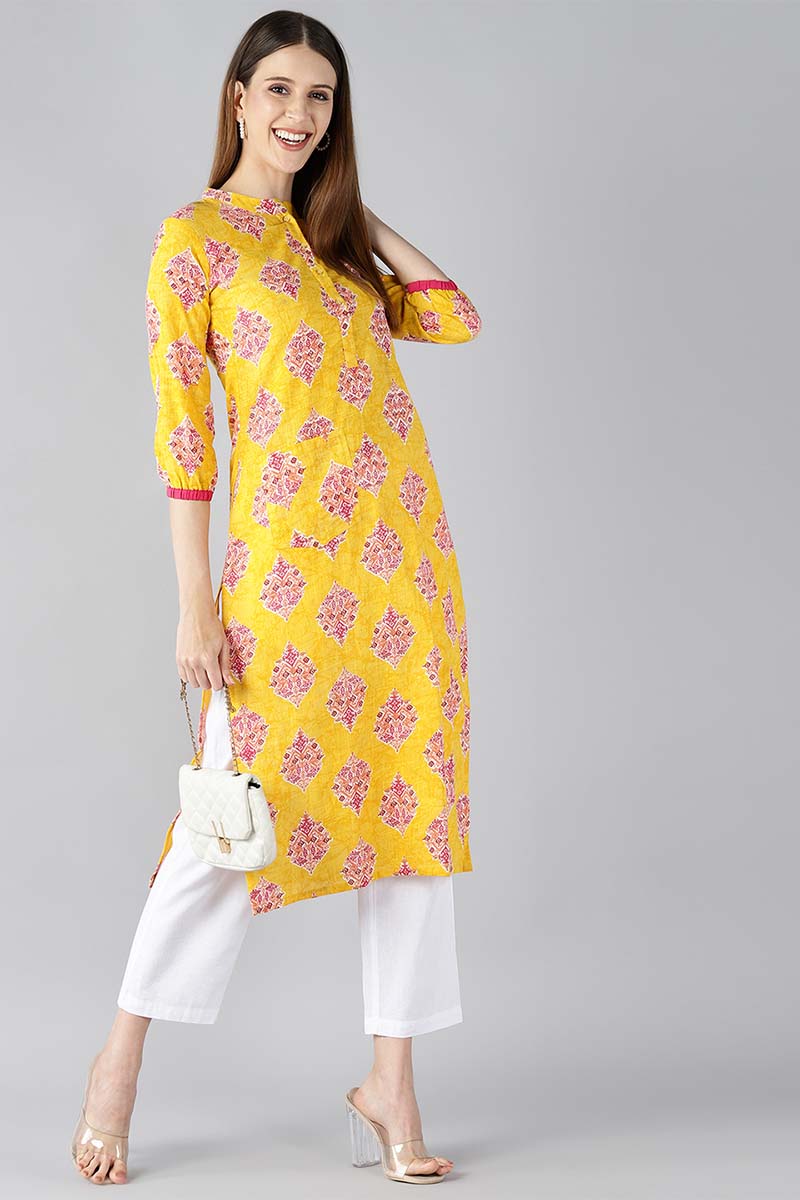   Cotton Fabric Trendy Festive Wear Yellow Color Printed Kurti 