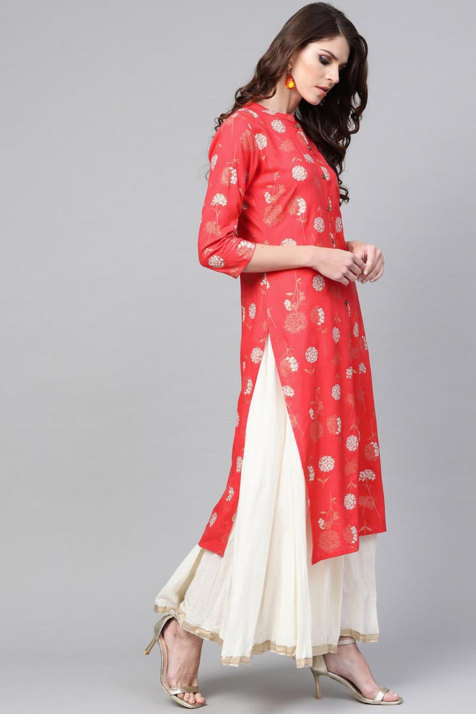   Occasion Wear Red Color Printed Cotton Fabric Kurti 