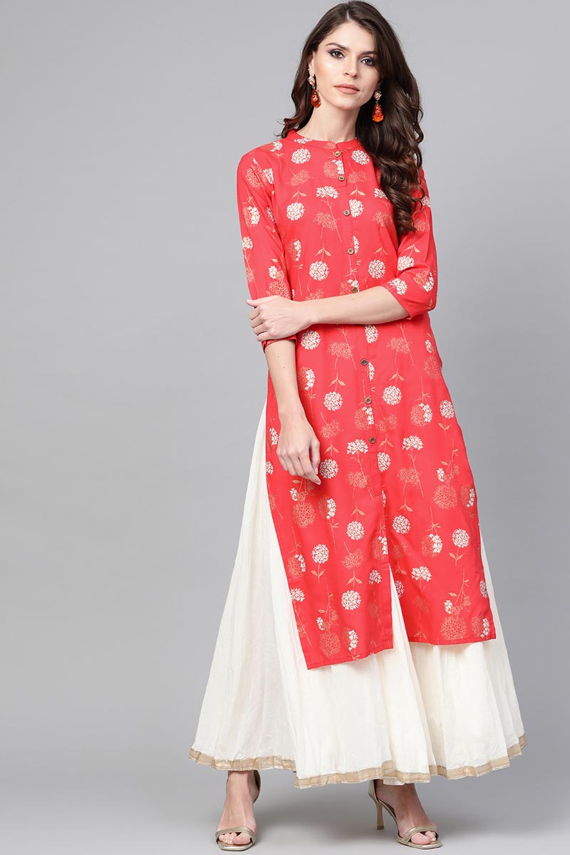   Occasion Wear Red Color Printed Cotton Fabric Kurti 