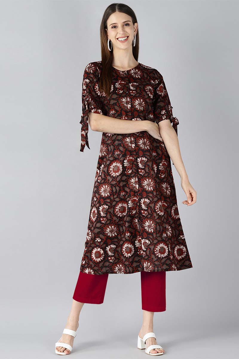  Women Occasion Wear Brown Color Printed Cotton Fabric Kurti 