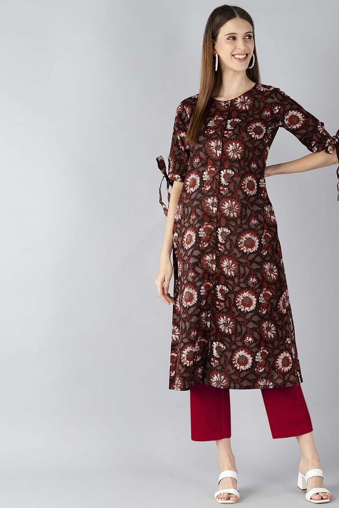  Women Occasion Wear Brown Color Printed Cotton Fabric Kurti 